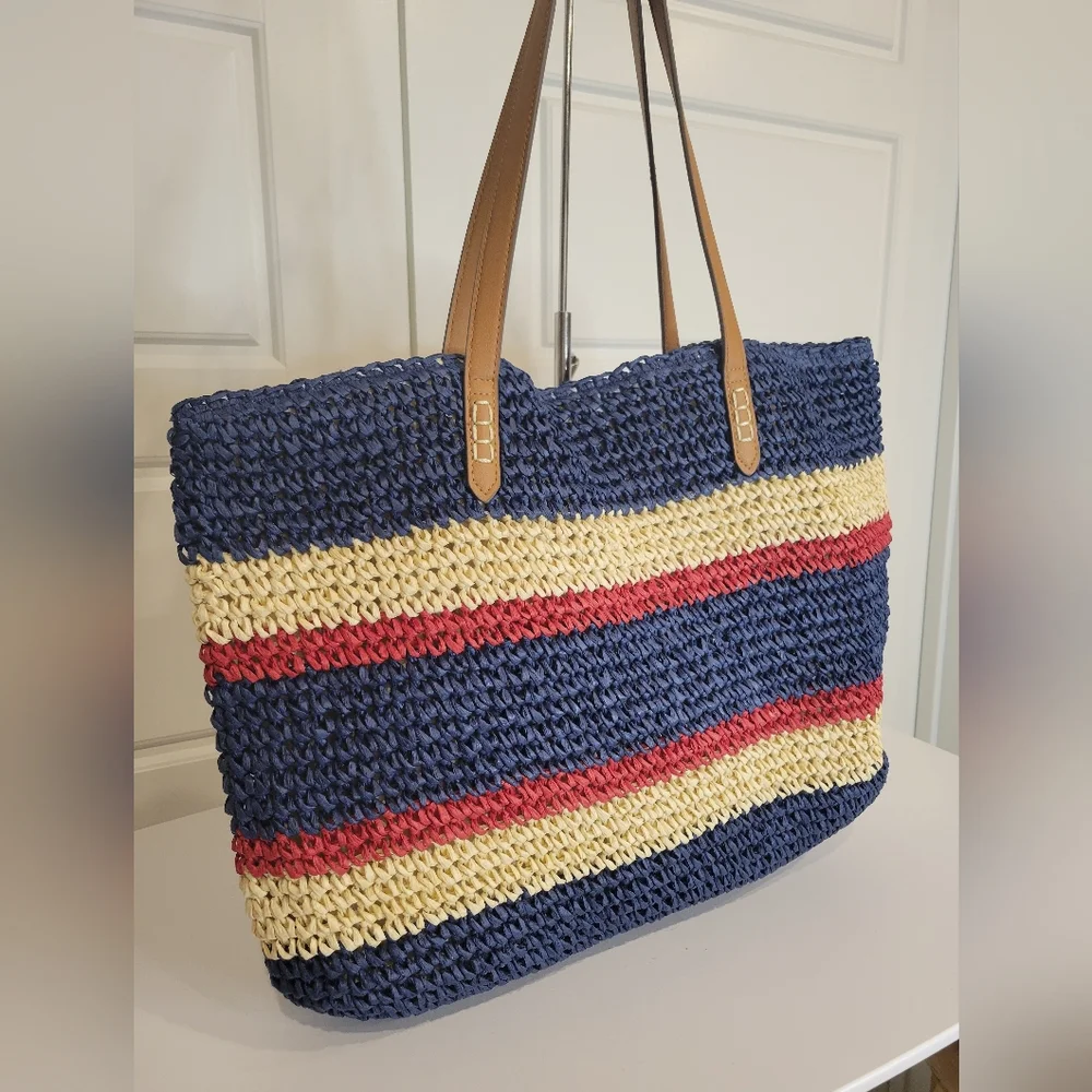 I.N.C. LARGE STRAW STRIPE TOTE/BEACH BAG NWT 20